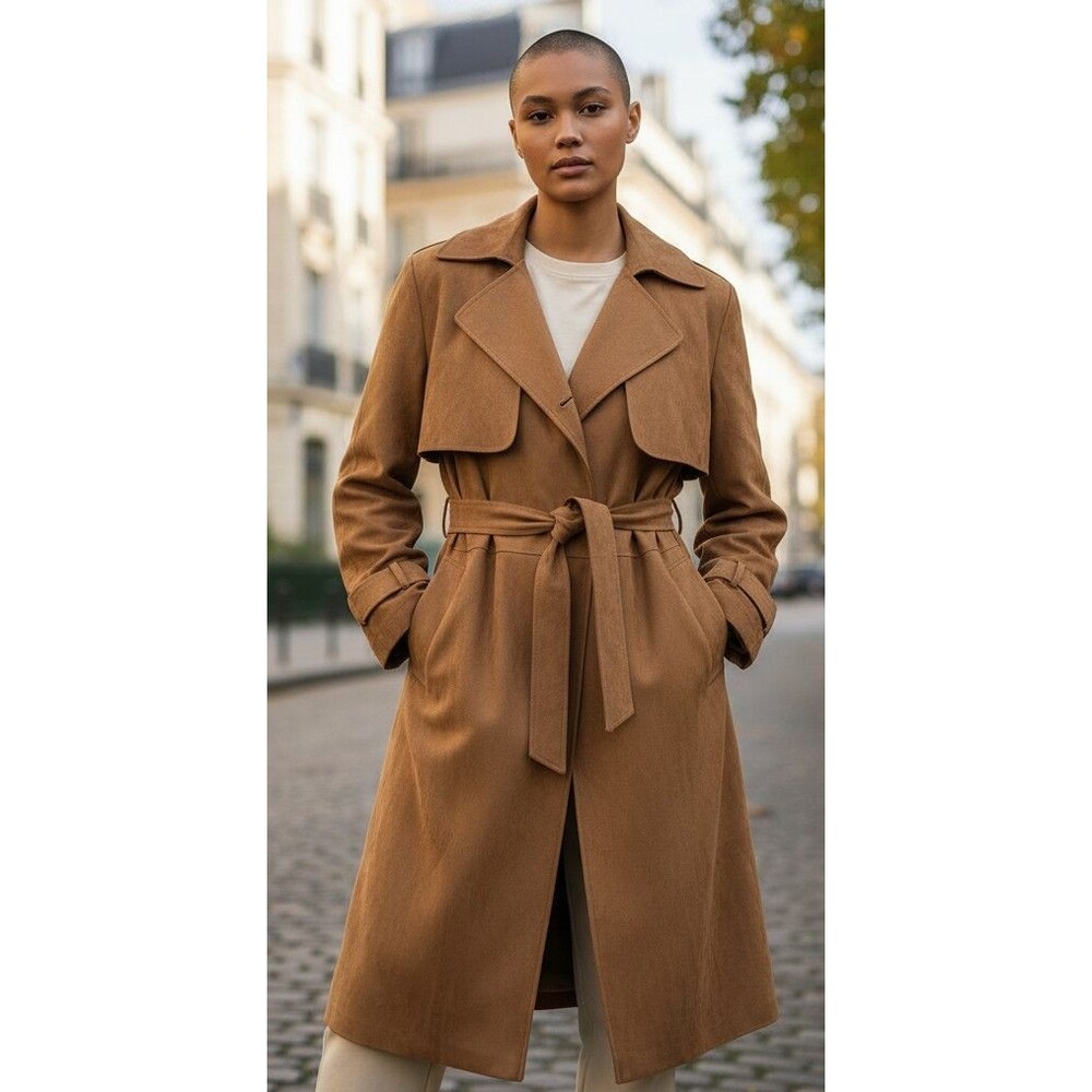 DESIGNER H&M TAN FAUX SUEDE BELTED MIDI LENGTH 48" TRENCH COAT SIZE XLARGE - Picture 9 of 16
